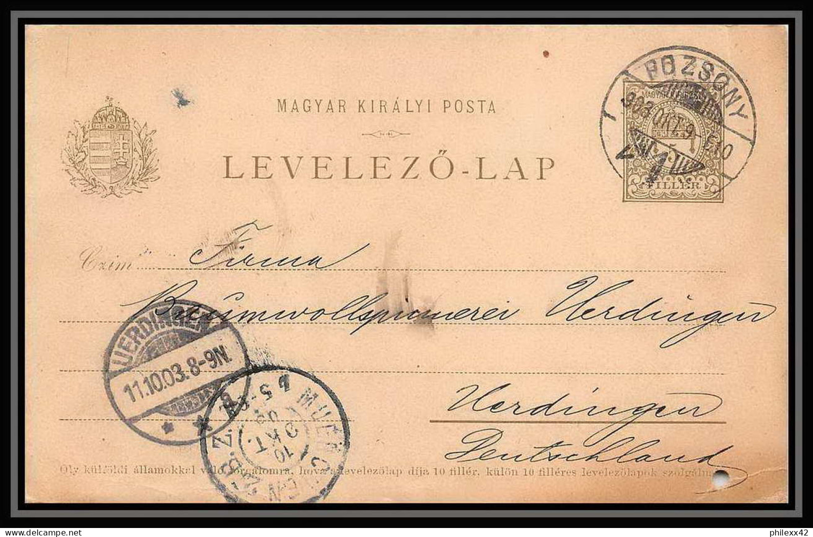 2298/ Hongrie (Hungary) Entier Stationery Carte Postale (postcard) Pozsony 1903 Pour Uerdingen Allemagne (germany) 1903 - Postal Stationery