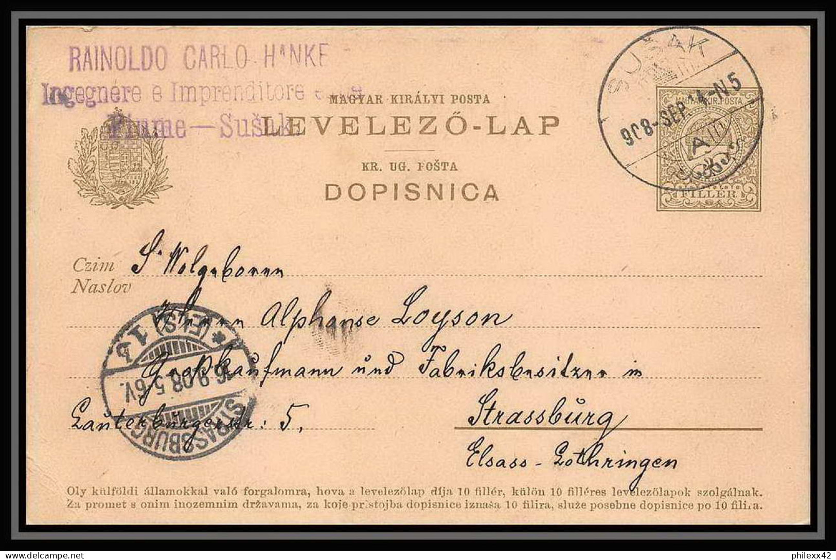 2307/ Hongrie (Hungary) Entier Stationery Carte Postale (postcard) Sasak Pour Strasbourg France 1908 - Postal Stationery