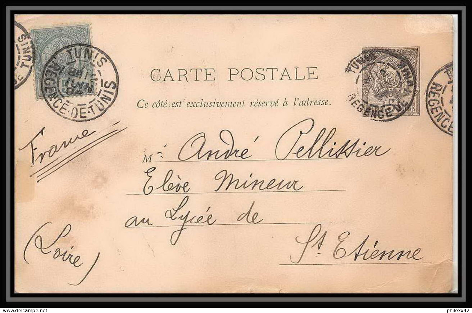 2368/ Tunisie (tunisia) Entier Stationery Carte Lettre Letter Card N°6 5c Noir Pour St Etienne Loire 1896 Gard France - Covers & Documents