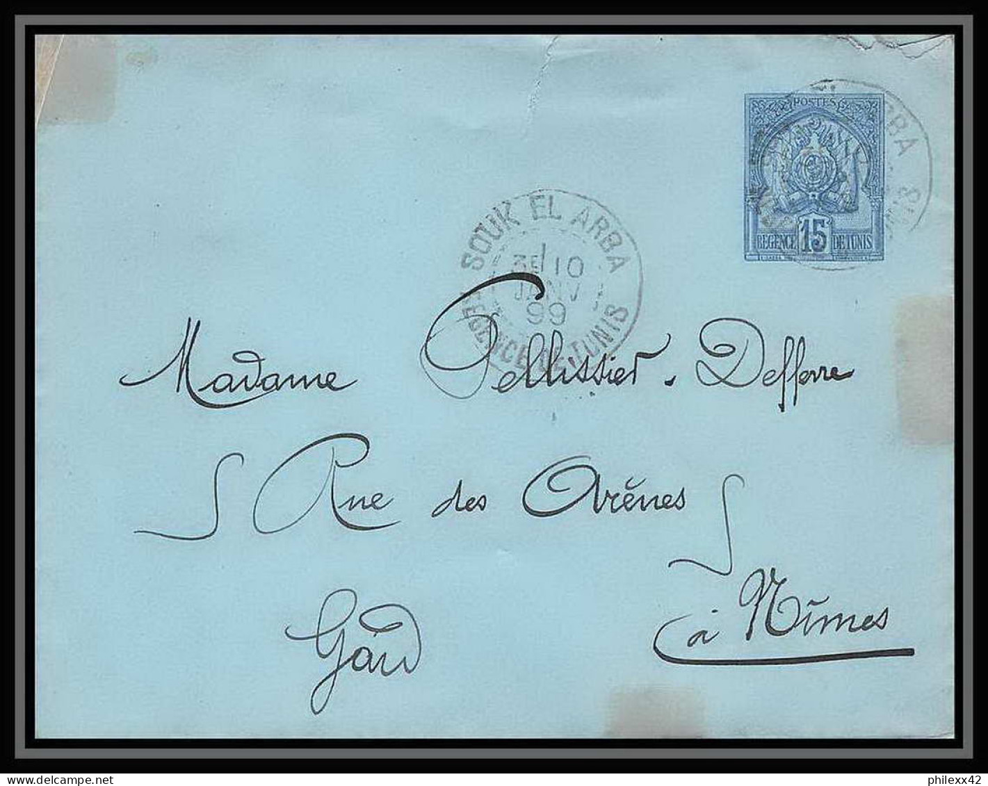 2370/ Tunisie (tunisia) Entier Stationery Enveloppe (cover) N°9 Souk El Harba Pour Nimes Gard France 1899 - Covers & Documents