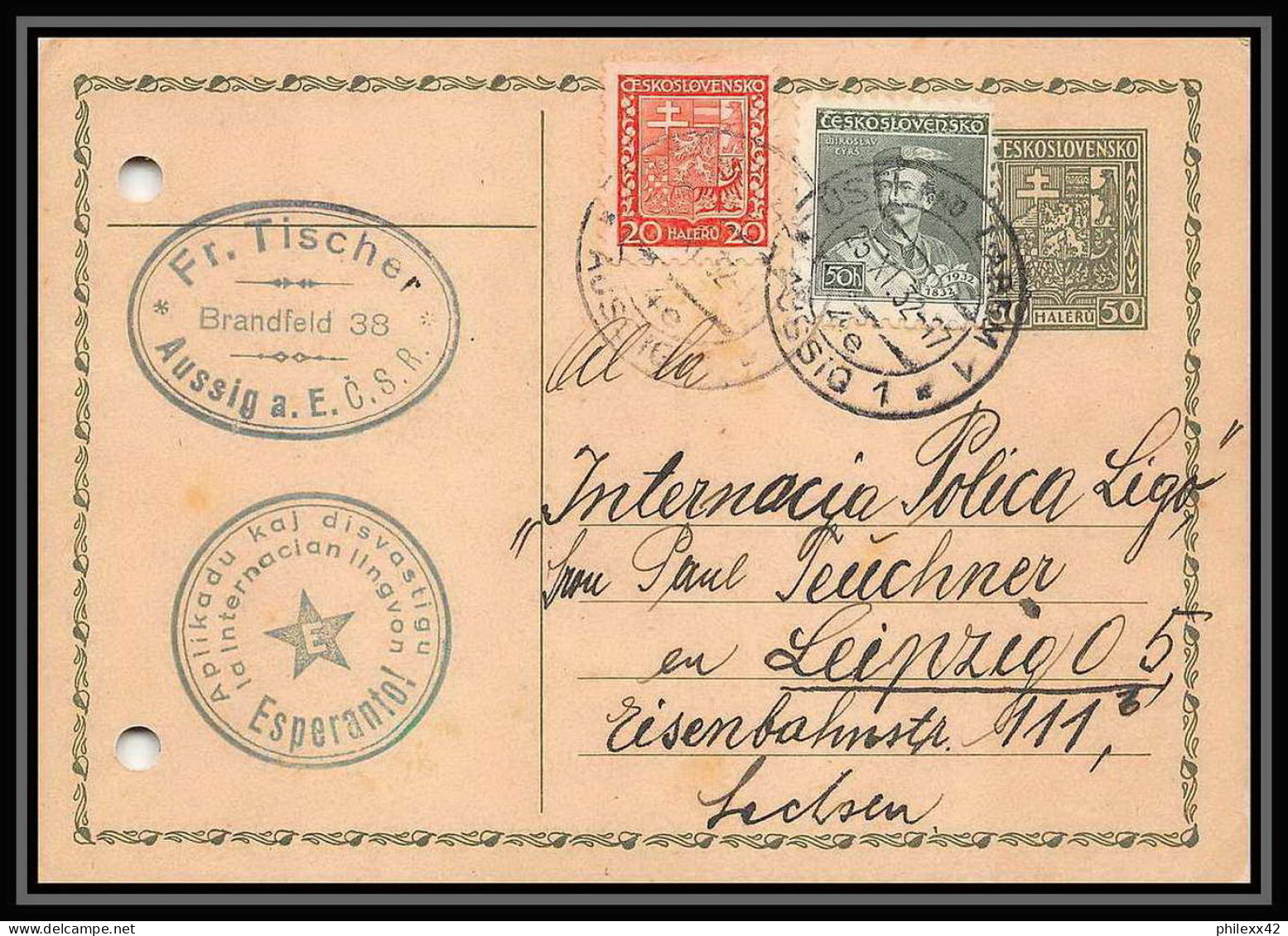 2383 Tchécoslovaquie Czechoslovakia Entier Stationery Carte Postale N°37 Espéranto Pour Leipzig 1932 Allemagne Germany - Cartoline Postali