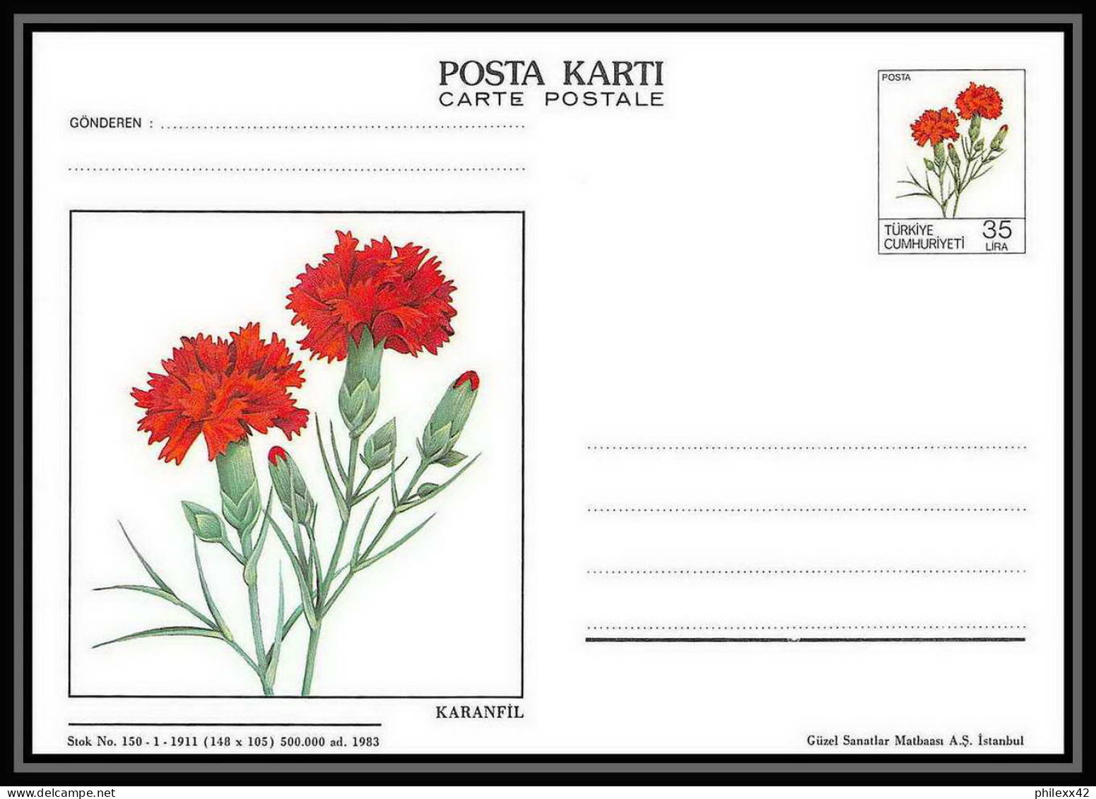 2592/ Turquie (Turkey) Entier Stationery Carte Postale (postcard) Fleurs (plants - Flowers) Karanfil 1983 Neuf Tb - Ganzsachen