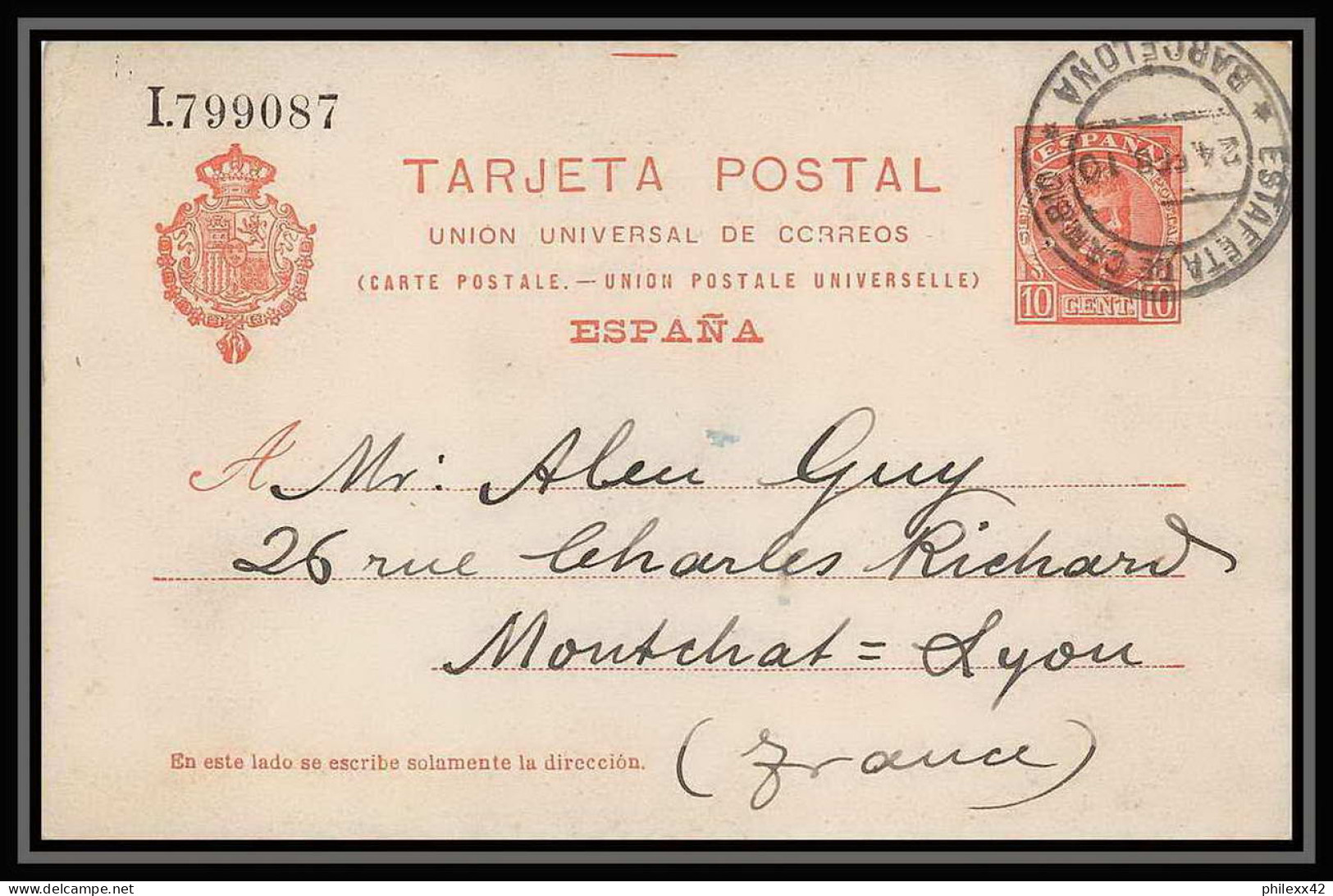 2646/ Espagne (spain) Entier Stationery Carte Postale (postcard) Pour Lyon France 1910 - 1850-1931