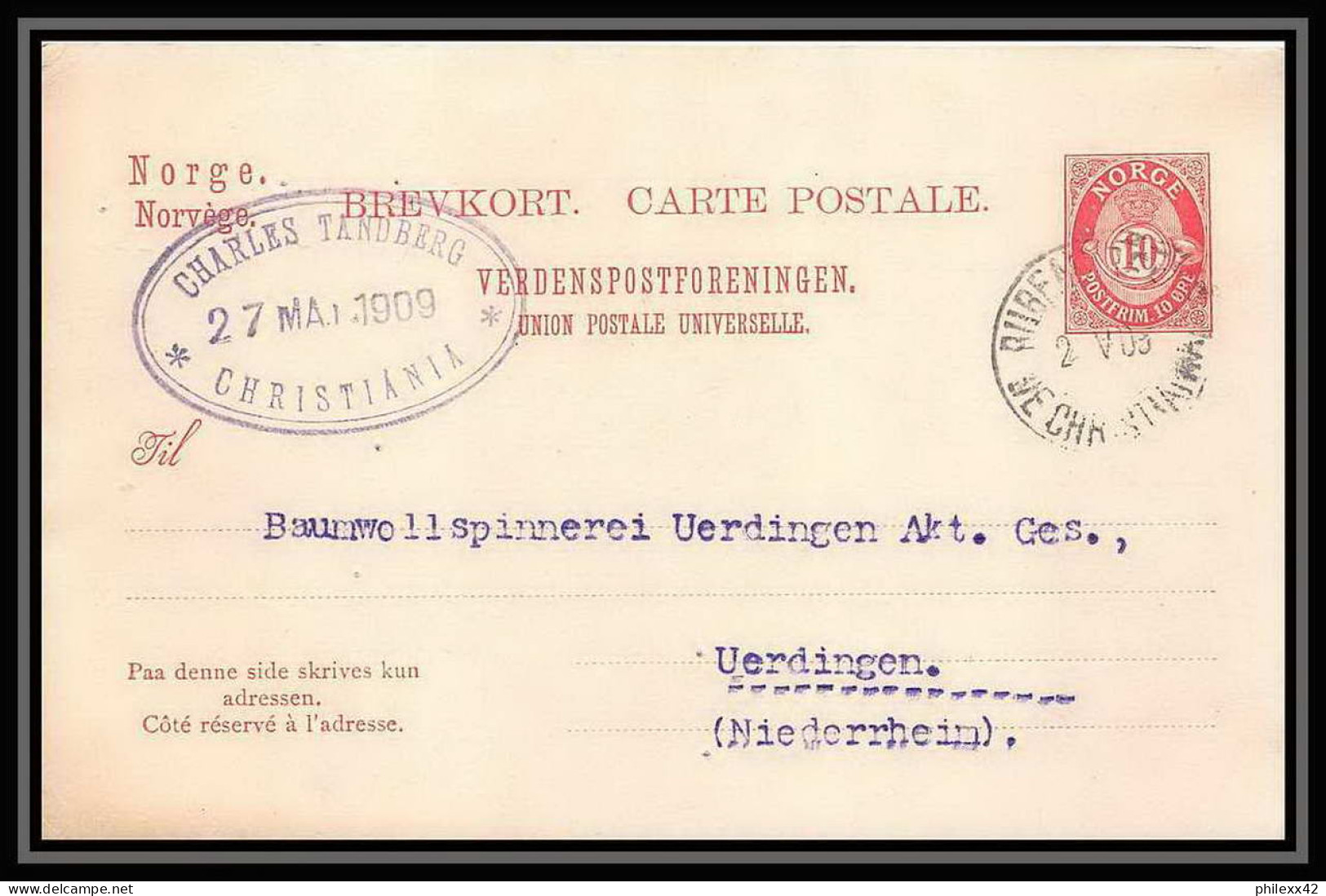 2760/ Norvège (Norway) Entier Stationery Carte Postale (postcard) N°52 Pour Uerdingen 1909 - Postal Stationery