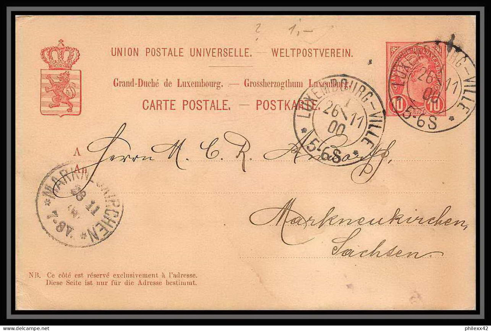 2959/ Luxembourg (luxemburg) Entier Stationery Carte Postale N°54 Pour Markneukirchen 1900 Allemagne (germany) - Stamped Stationery