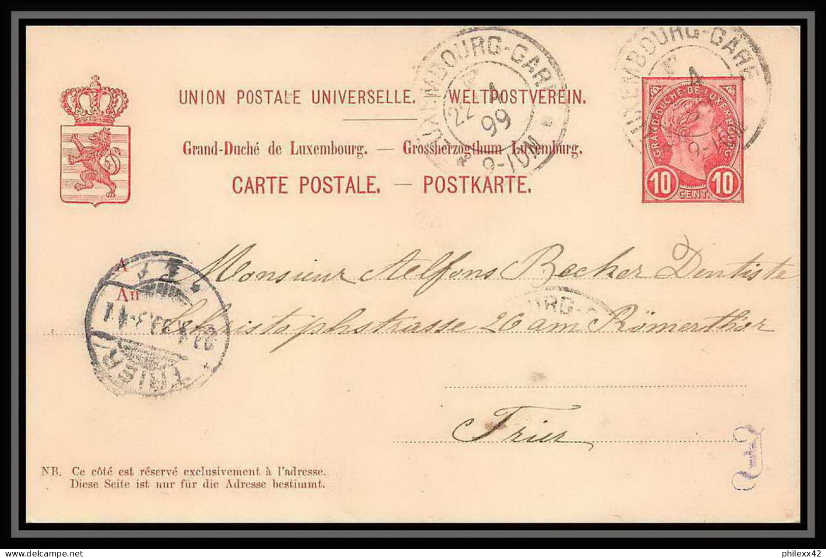 2958/ Luxembourg (luxemburg) Entier Stationery Carte Postale (postcard) N°54 Pour Frier 1899  - Postwaardestukken