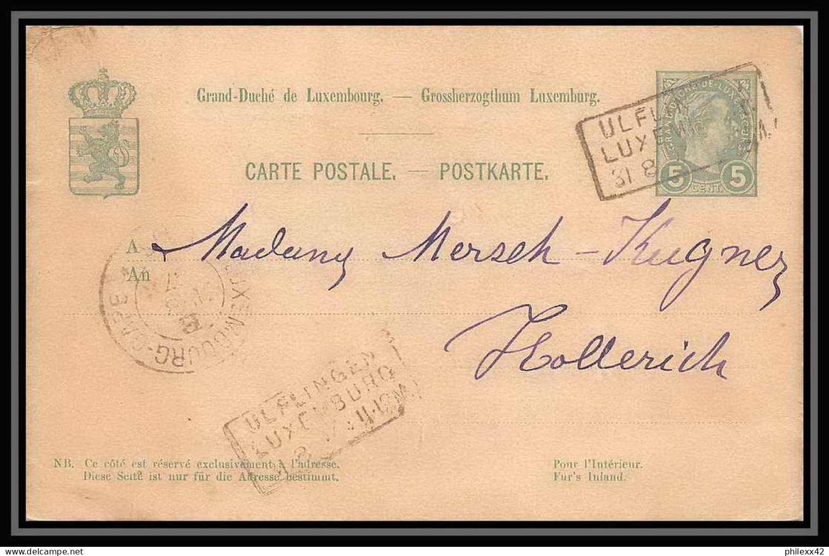 2962/ Luxembourg (luxemburg) Entier Stationery Carte Postale (postcard) N°53 Ulflin Pour Hollerich 1897 - Postwaardestukken