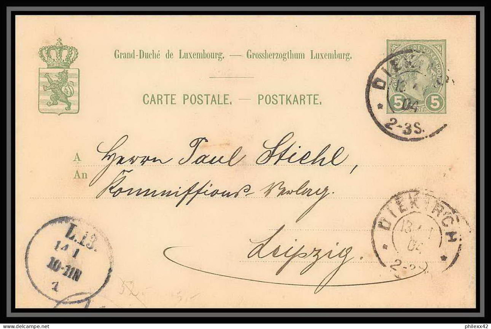 2968/ Luxembourg (luxemburg) Entier Stationery Carte Postale N°53 Diekirch Pour Leipzig Allemagne (germany) 1894  - Stamped Stationery