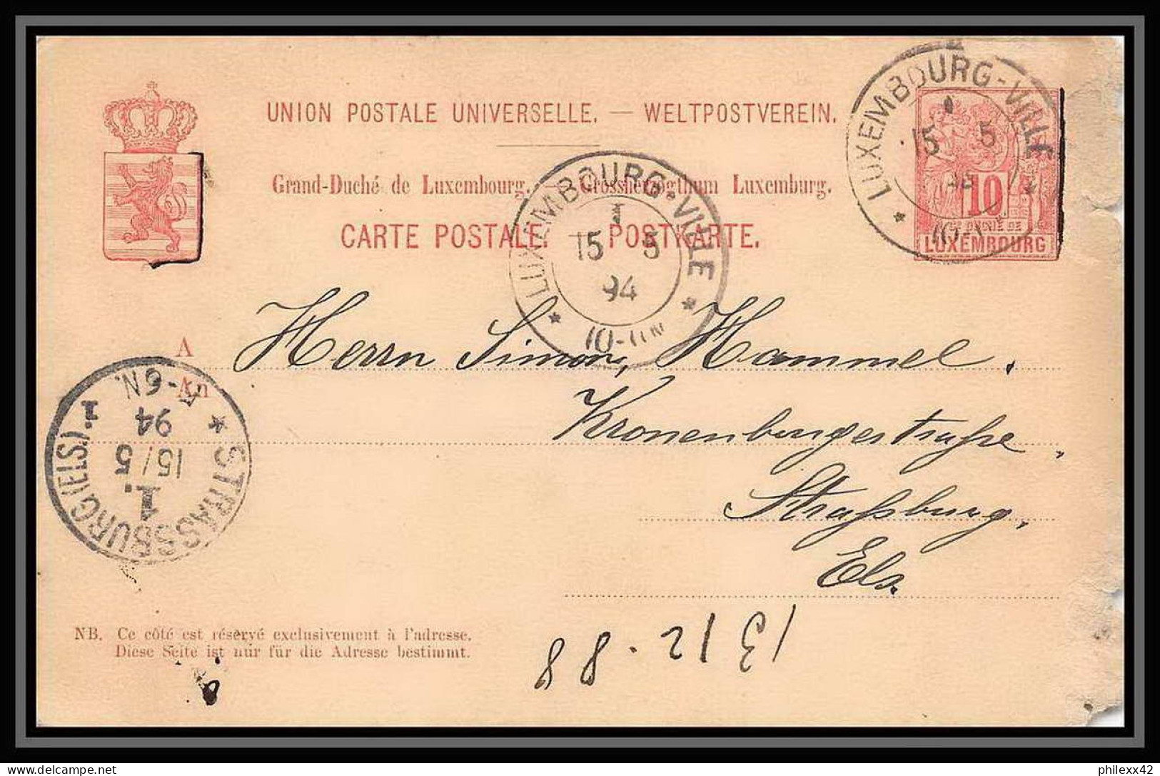 2983/ Luxembourg (luxemburg) Entier Stationery Carte Postale (postcard) N°44 Pour Strasbourg France 1894 - Postwaardestukken