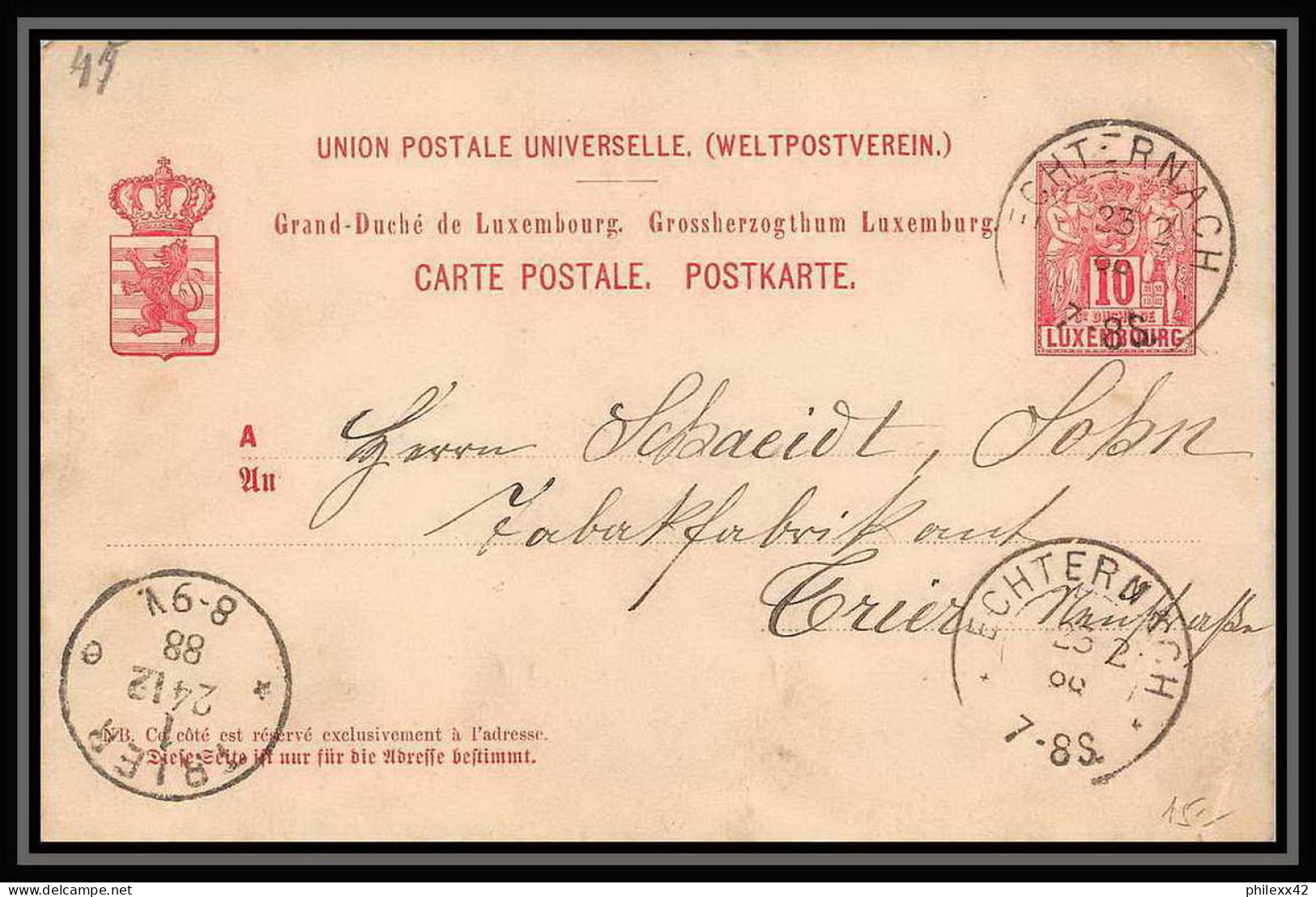 2988/ Luxembourg (luxemburg) Entier Stationery Carte Postale (postcard) N°44 Echternach Pour Trier 1888 - Entiers Postaux