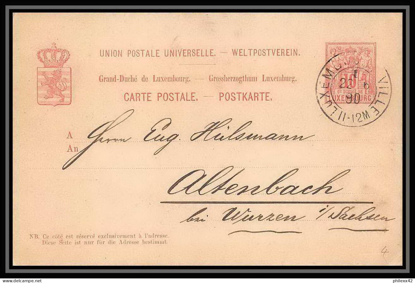 2986/ Luxembourg (luxemburg) Entier Stationery Carte Postale (postcard) N°44 Pour Altenbach Allemagne (germany) 1890 - Postwaardestukken