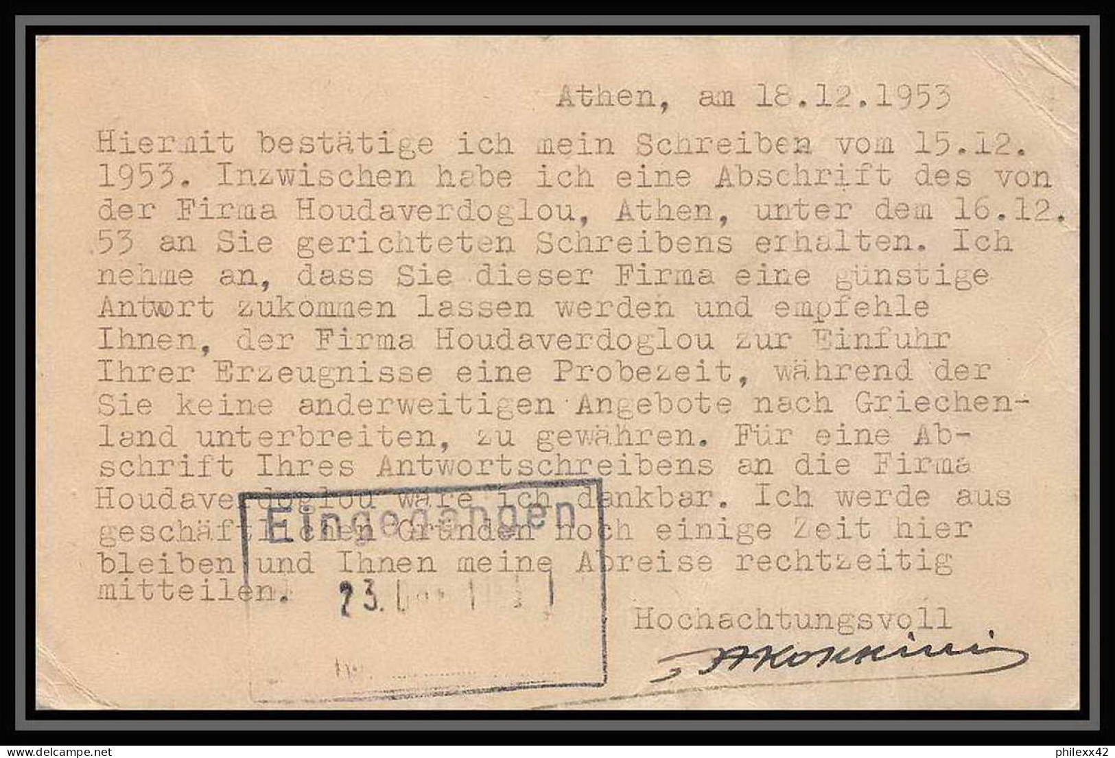 3096/ Grèce (Greece) Entier Stationery Carte Postale (postcard) N°52 Pour Mulheim 1953 Allemagne Germany - Enteros Postales