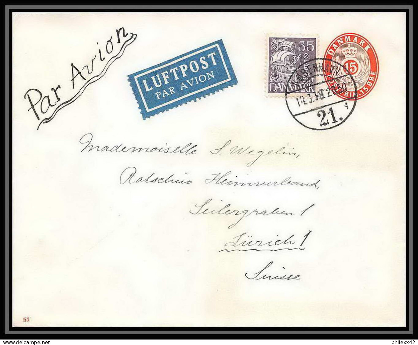 3168/ Danemark (Denmark) Entier Stationery Enveloppe (cover) LUFTPOST Par Avion 1920 Pour Zurich Suisse (Swiss) Aviation - Interi Postali