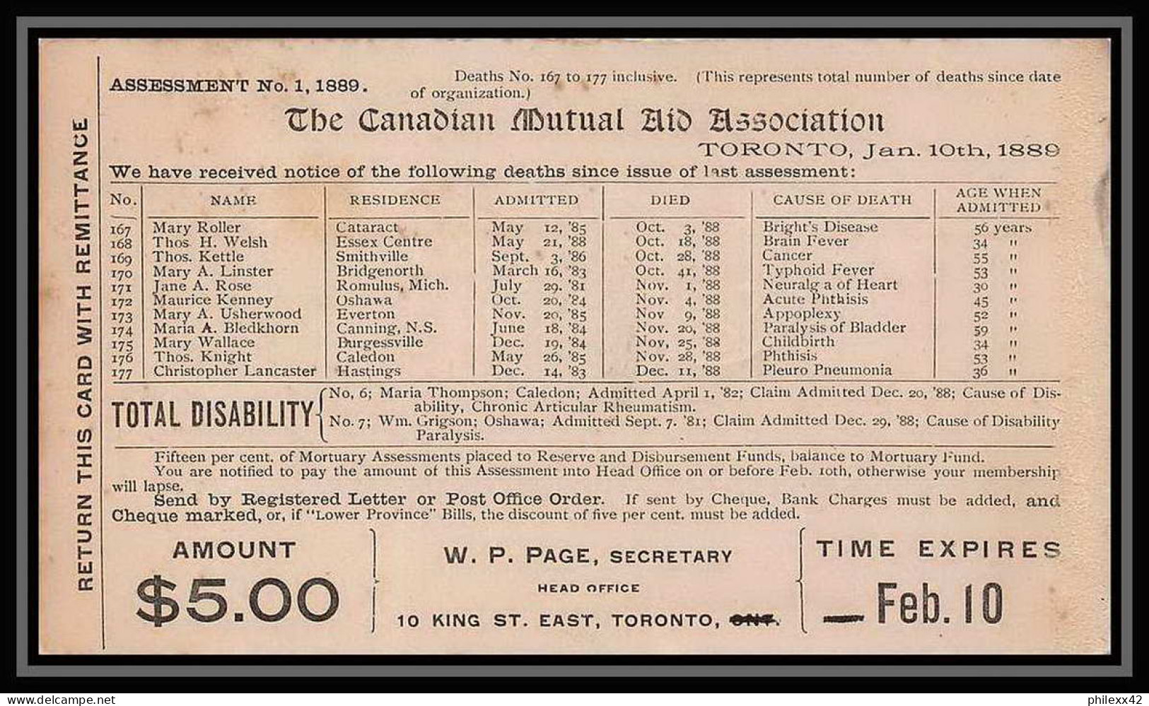 3224/ Canada Entier Stationery Carte Postale (postcard) N°8 1889 Repiquage Canadian Mutual Aid Association Toronto - 1860-1899 Reinado De Victoria