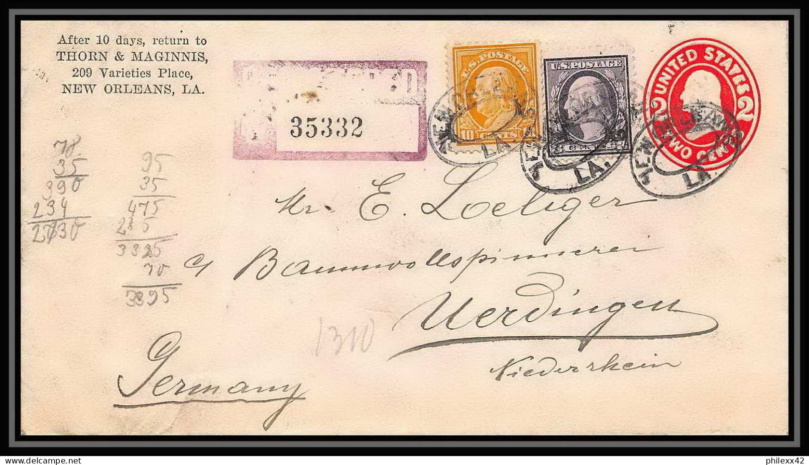 3321/ USA Entier Stationery Enveloppe (cover) Registered Pour Allemagne Germany 1914 + Complement Recommandé - 1901-20