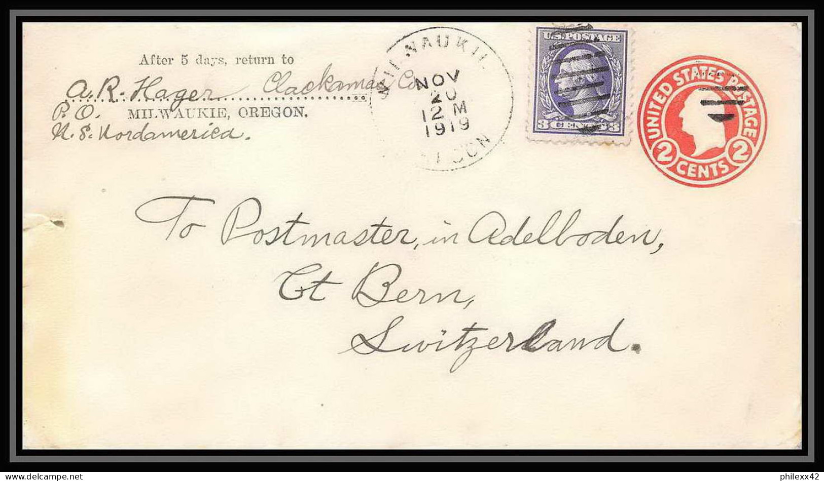3327/ USA Entier Stationery Enveloppe (cover) 1919 Pour Bern Suisse (Swiss) + Complement - 1901-20