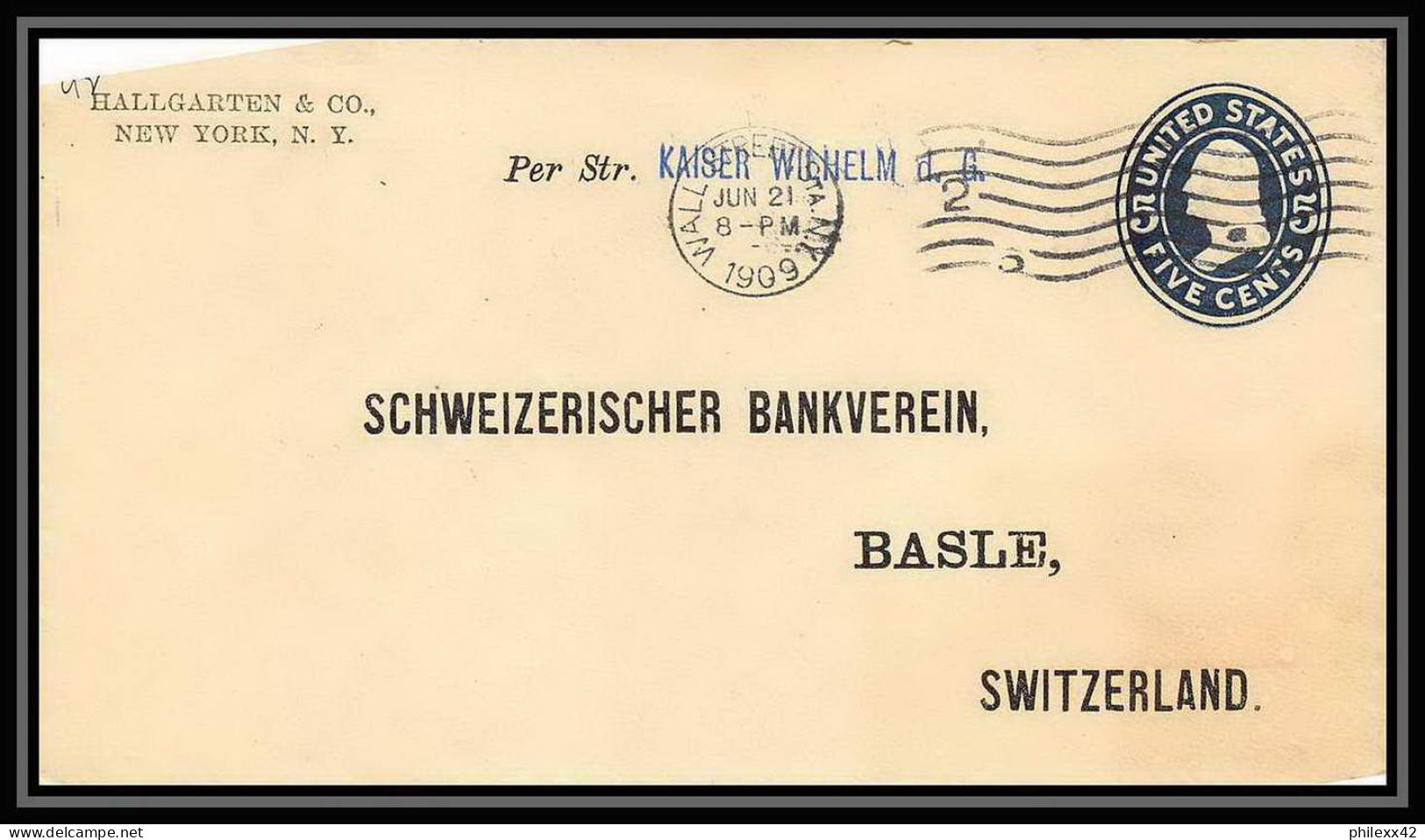 3342/ USA Entier Stationery Enveloppe (cover) 1909 Pour Bale Suisse (Swiss) Repiquage Hallgarden New York - 1901-20