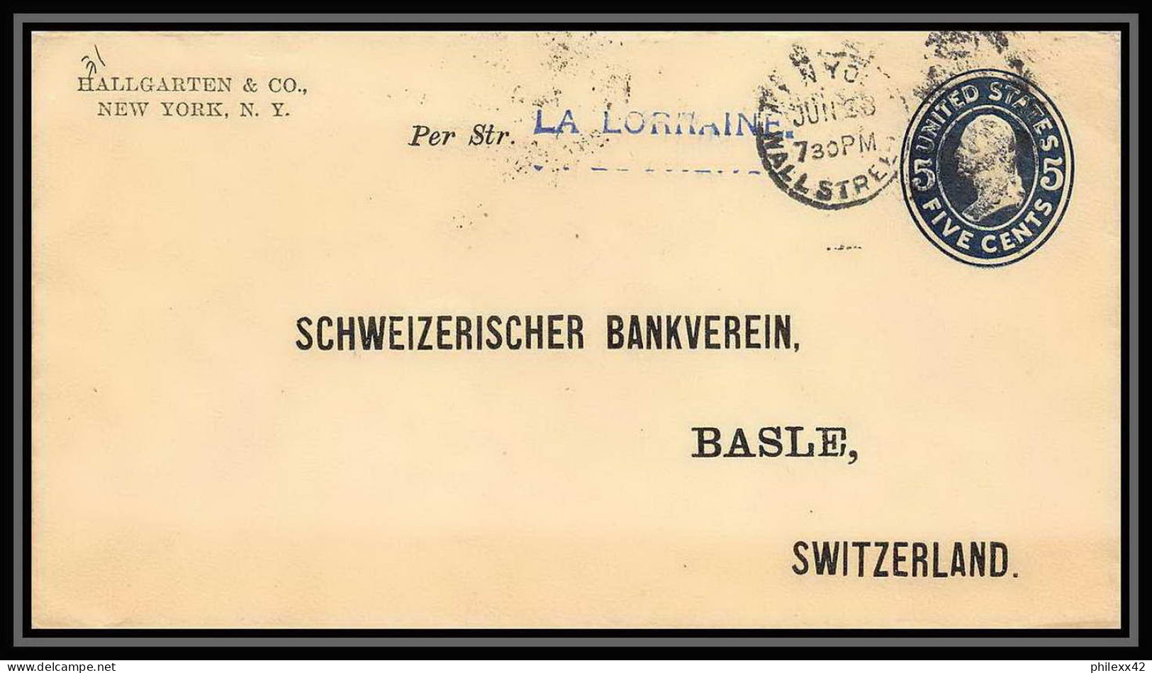 3343/ USA Entier Stationery Enveloppe (cover) 1909 Pour Bale Suisse (Swiss) Repiquage Hallgarten New York - 1901-20