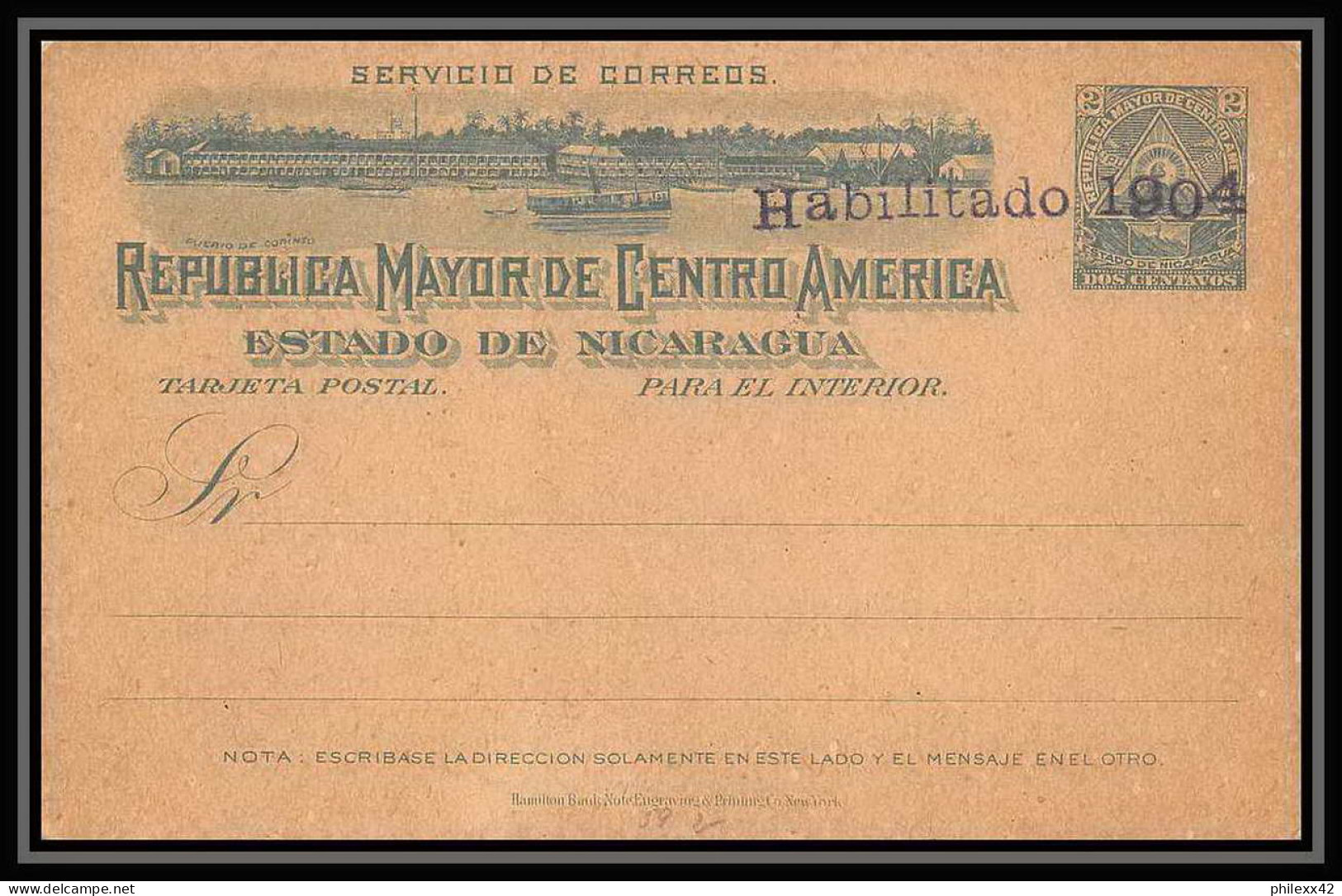 3608/ Nicaragua Entier Stationery Carte Postale (postcard) N°59 Neuf (mint) Tb OVERPRINT Habilitado 1904 Tb - Nicaragua