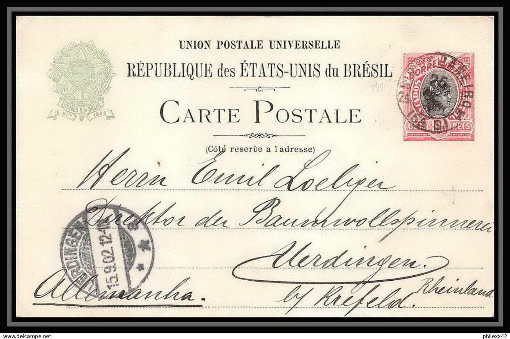 3972/ Brésil (brazil) Entier Stationery Carte Postale (postcard) N°27 15 Lines Pour Uerdingen 1902 - Ganzsachen