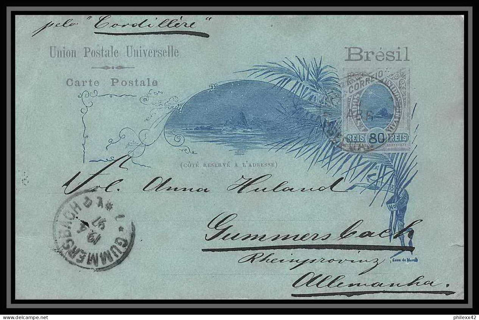 4010/ Brésil (brazil) Entier Stationery Carte Postale (postcard) N°24 Rio Pour Gummersbach Allemagne (germany) 1897 - Postwaardestukken
