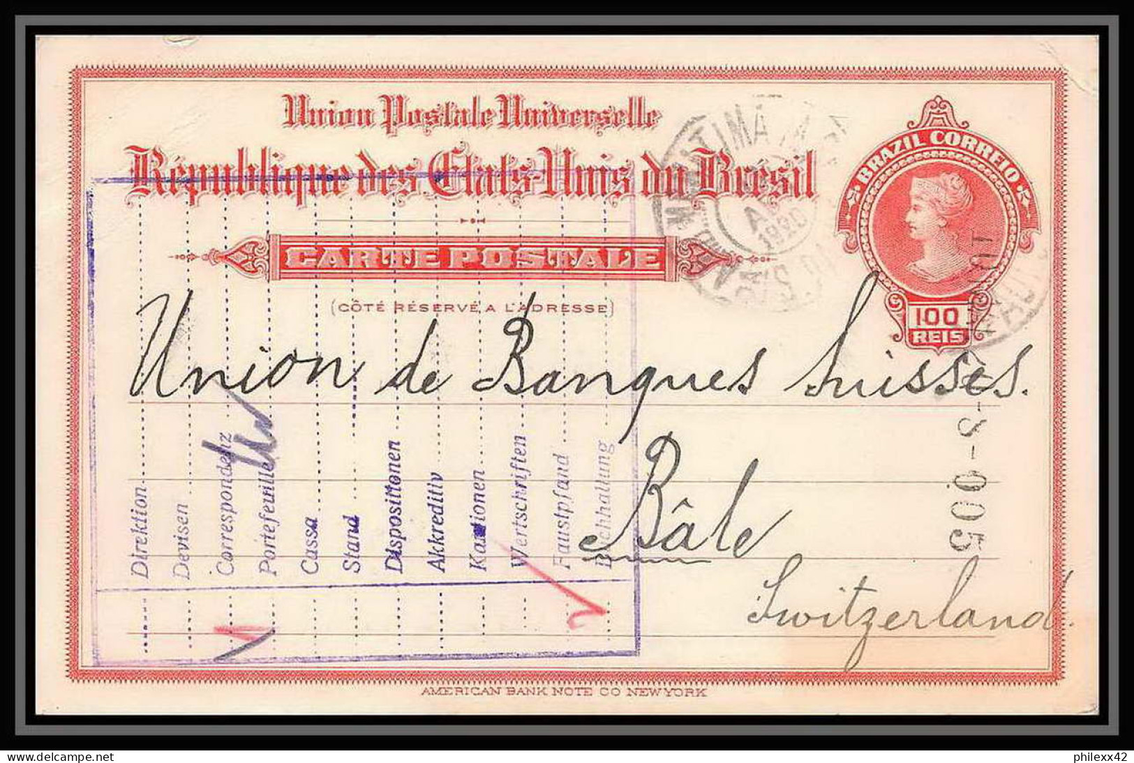 4027/ Brésil (brazil) Entier Stationery Carte Postale (postcard) N°33 Pour Bale Suisse (Swiss) 1926 - Postal Stationery