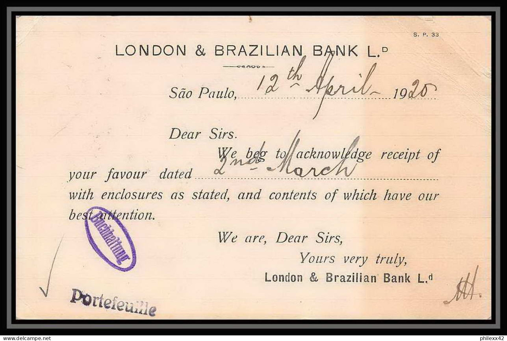 4027/ Brésil (brazil) Entier Stationery Carte Postale (postcard) N°33 Pour Bale Suisse (Swiss) 1926 - Postwaardestukken