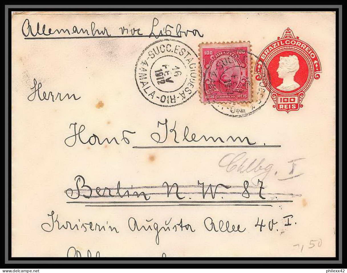4041/ Brésil (brazil) Entier Stationery Enveloppe (cover) N°19 Berlin Allemagne Germany Via Lisboa 1912 Complement - Ganzsachen