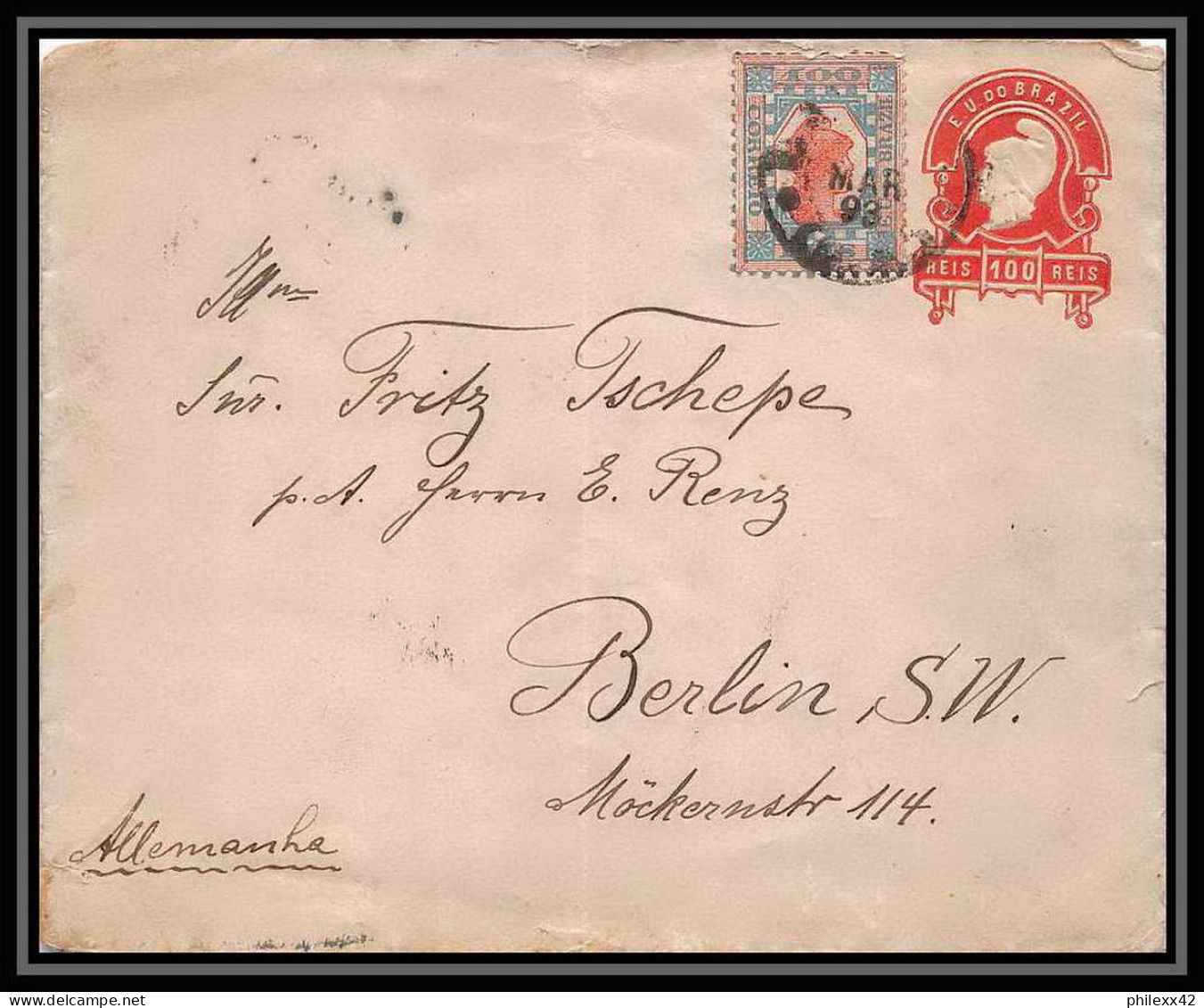 4046/ Brésil (brazil) Entier Stationery Enveloppe (cover) N°8 Pour Berlin Allemagne (germany) 1893 - Postwaardestukken