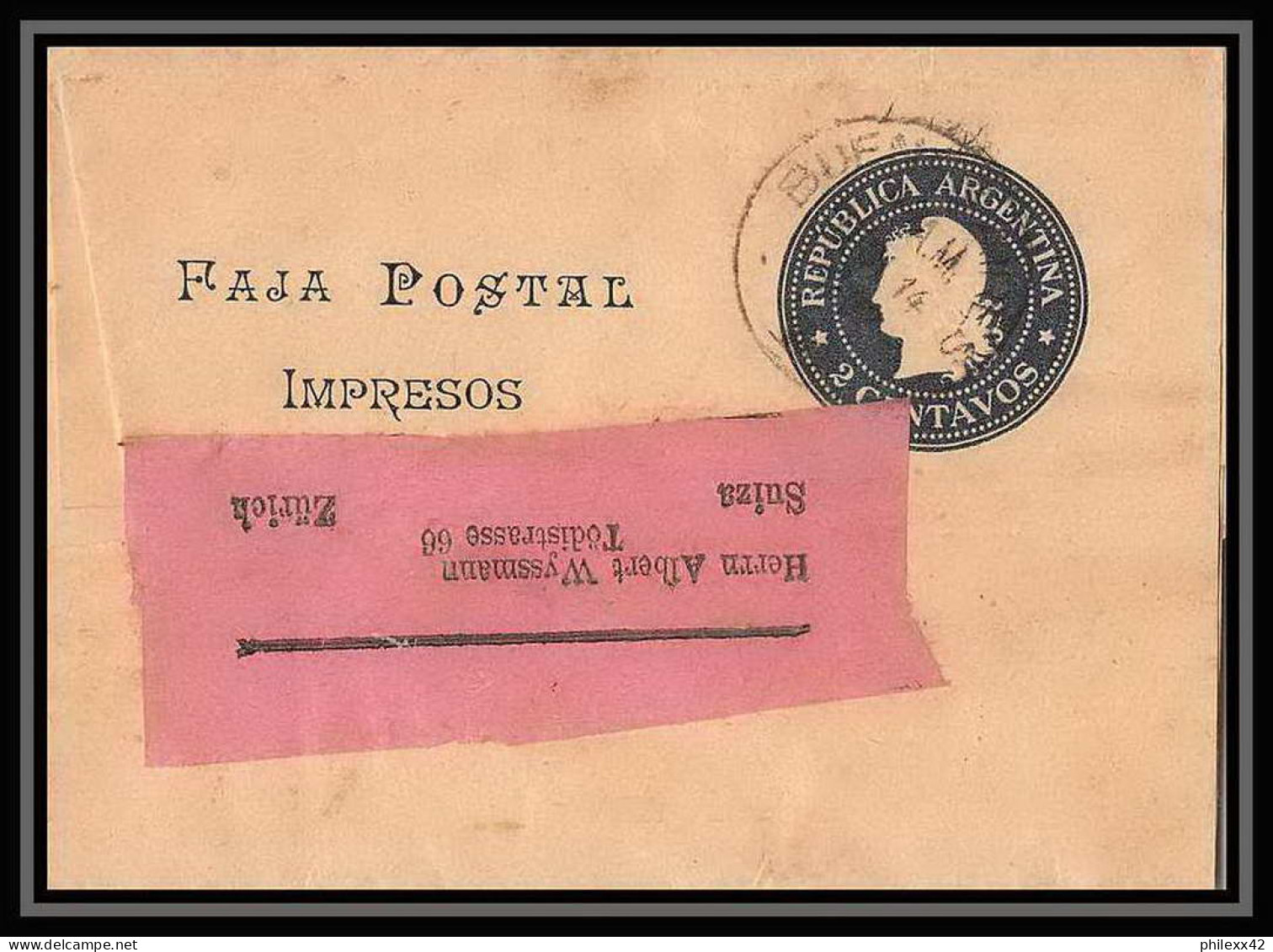 4119/ Argentine (Argentina) Entier Stationery Bande Pour Journal Newspapers Wrapper N°29 1900 Pour Zurich Suisse (Swiss) - Postal Stationery