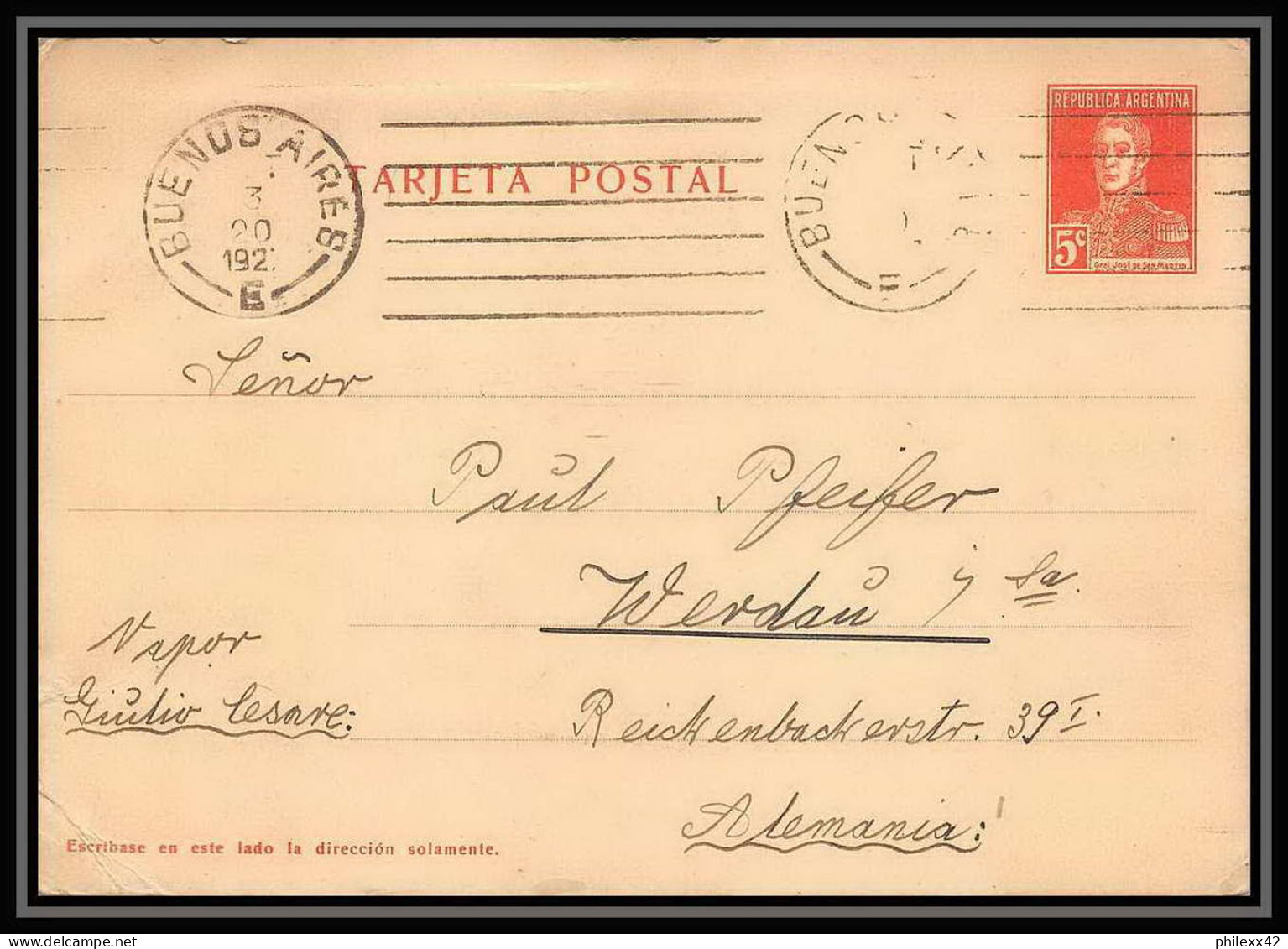 4202/ Argentine Argentina Entier Stationery Postcard N°24 Steamship Julio Lesore Pour Werdau Allemagne (germany) 1927 - Postal Stationery