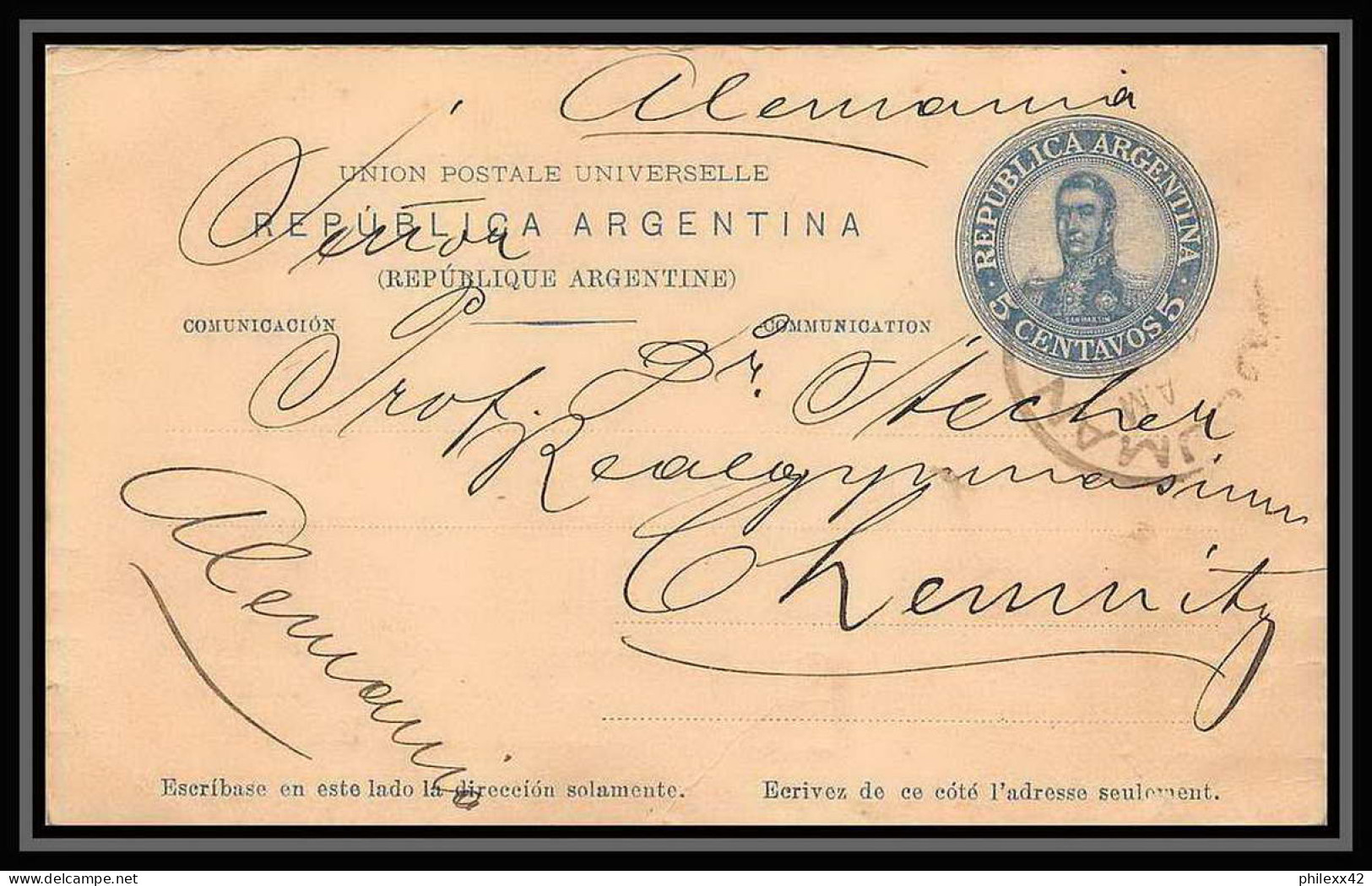 4217/ Argentine (Argentina) Entier Stationery Carte Postale (postcard) N°31 Pour Chemnitz Allemagne (germany) 1909 - Entiers Postaux