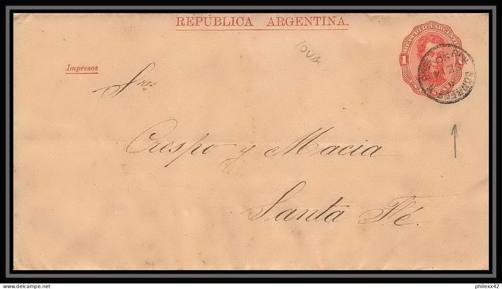 4240/ Argentine (Argentina) Entier Stationery Bande Pour Journal Newspapers Wrapper N°1 1878 Pour Santa Fé - Ganzsachen