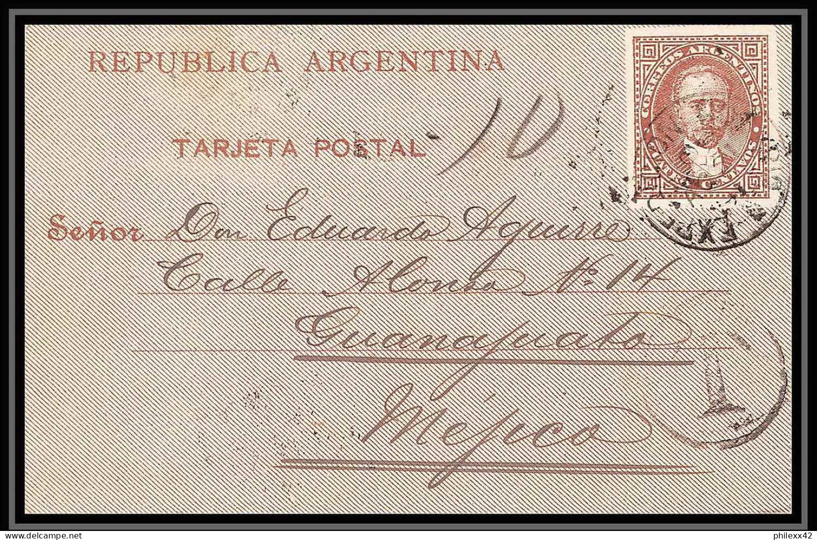 4251/ Argentine (Argentina) Entier Stationery Carte Lettre Letter Card N°2 Guanajuato Mexique Mexico 1891 Taxe - Postal Stationery