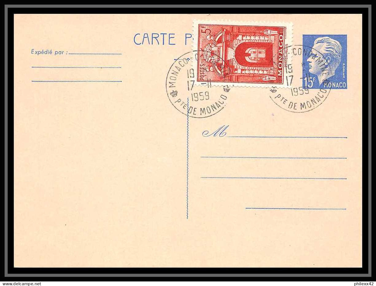 4471 Raignier 15f Bleu B1 139mm Cote 250 1959 Carte Postale Monaco Entier Postal Stationery - Entiers Postaux