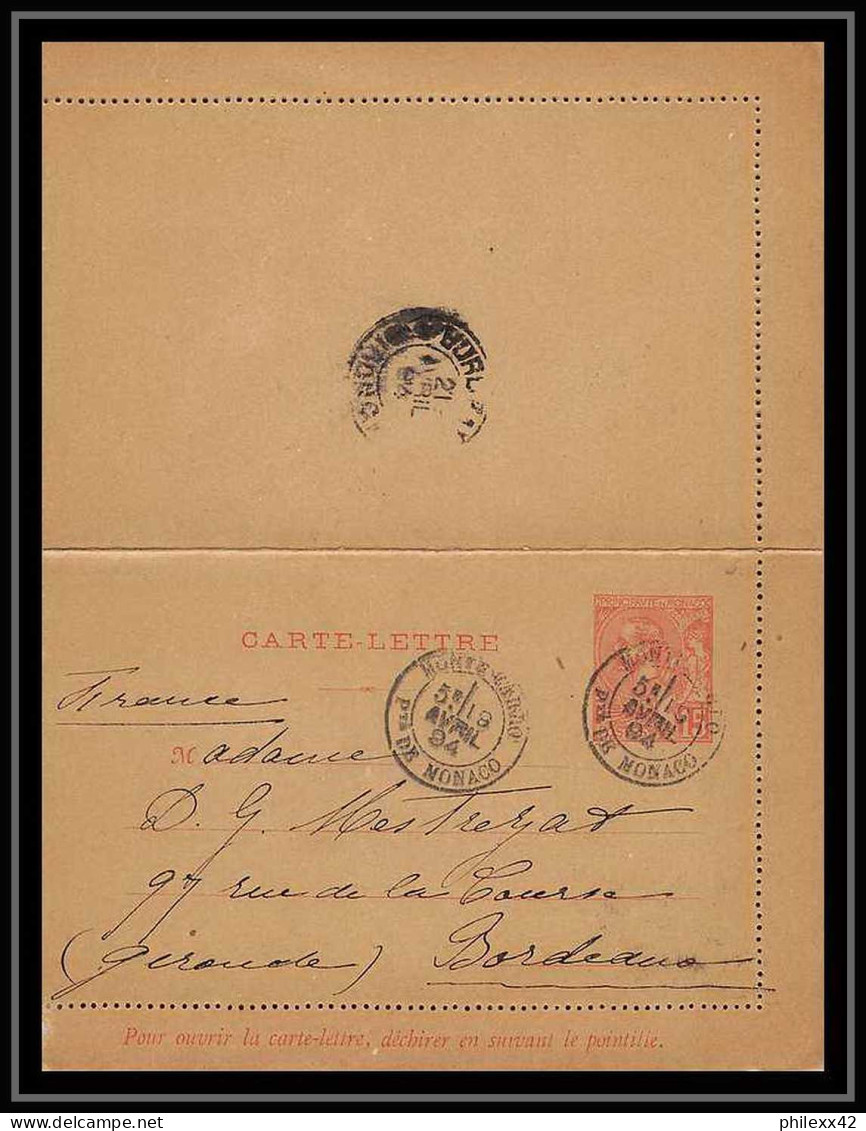 4479 Albert 1er G1 Pour Bordeaux 1894 Carte Lettre Monaco Entier Postal Stationery - Entiers Postaux