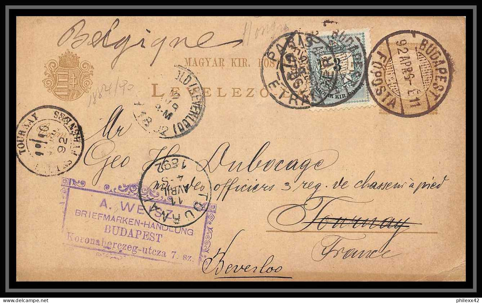 4650 Budapest Tournai + Complement 1892 Belgique Carte Postale Hongrie (Hungary) Entier Postal Stationery - Postal Stationery