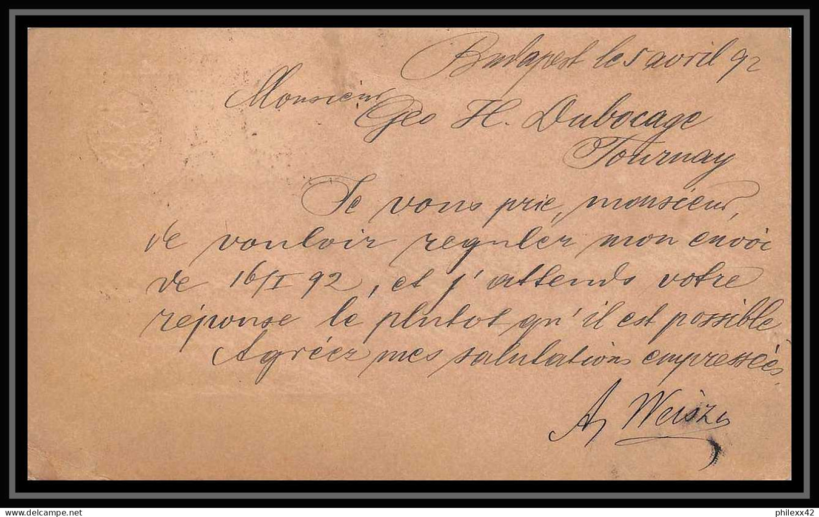 4650 Budapest Tournai + Complement 1892 Belgique Carte Postale Hongrie (Hungary) Entier Postal Stationery - Postwaardestukken