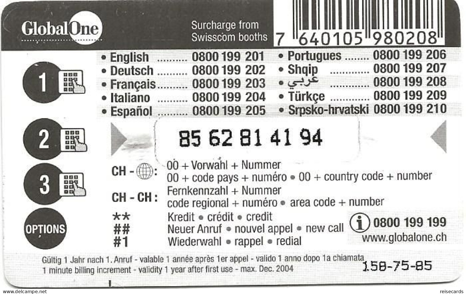 Switzerland: Prepaid GlobalOne - Easter 2002 1 - Switzerland