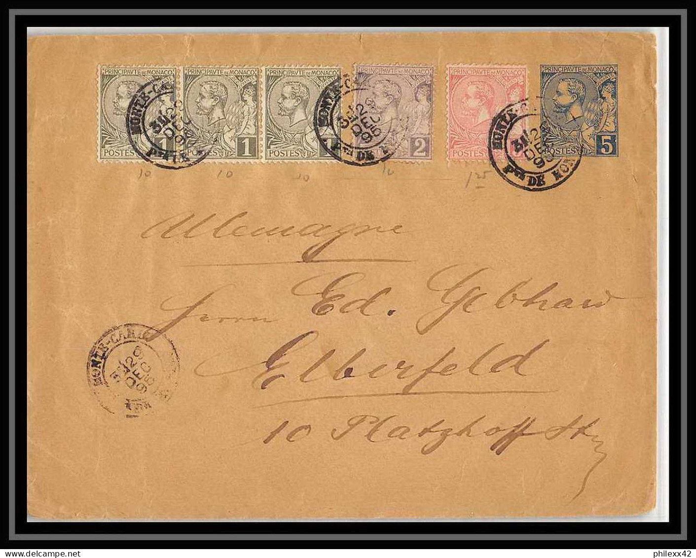 4762 Albert 1er 5c Complement Affranchissement 1895 Composé Elberfeld Enveloppe Monaco Entier Postal Stationery - Postwaardestukken