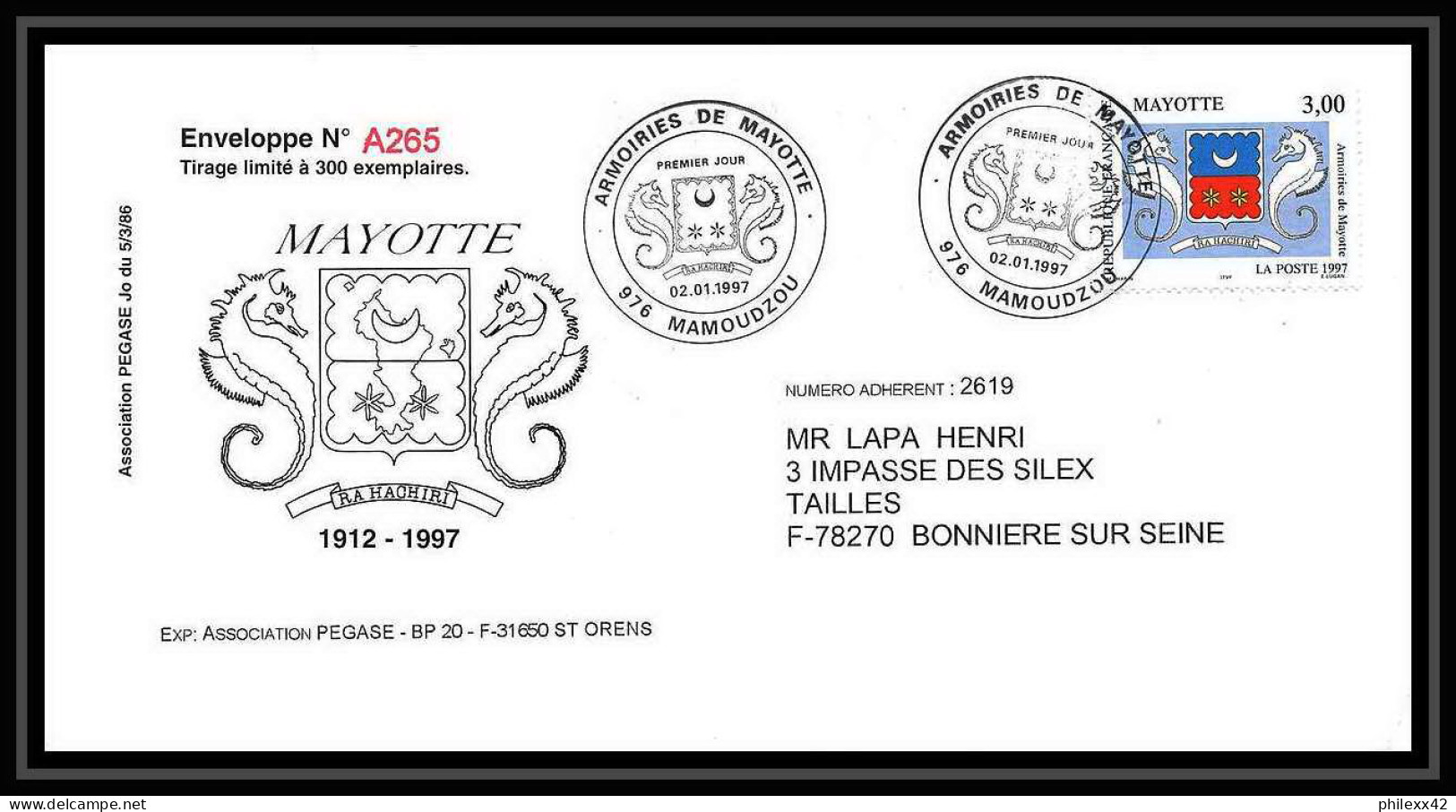 5197/ 1997 Association Pegase Aviation Legere France Mayotte Lettre Cover - Brieven En Documenten