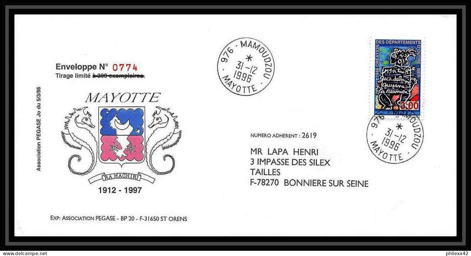 5202/ 1996 Association Pegase Aviation Legere France Mayotte Lettre Cover - Cartas & Documentos