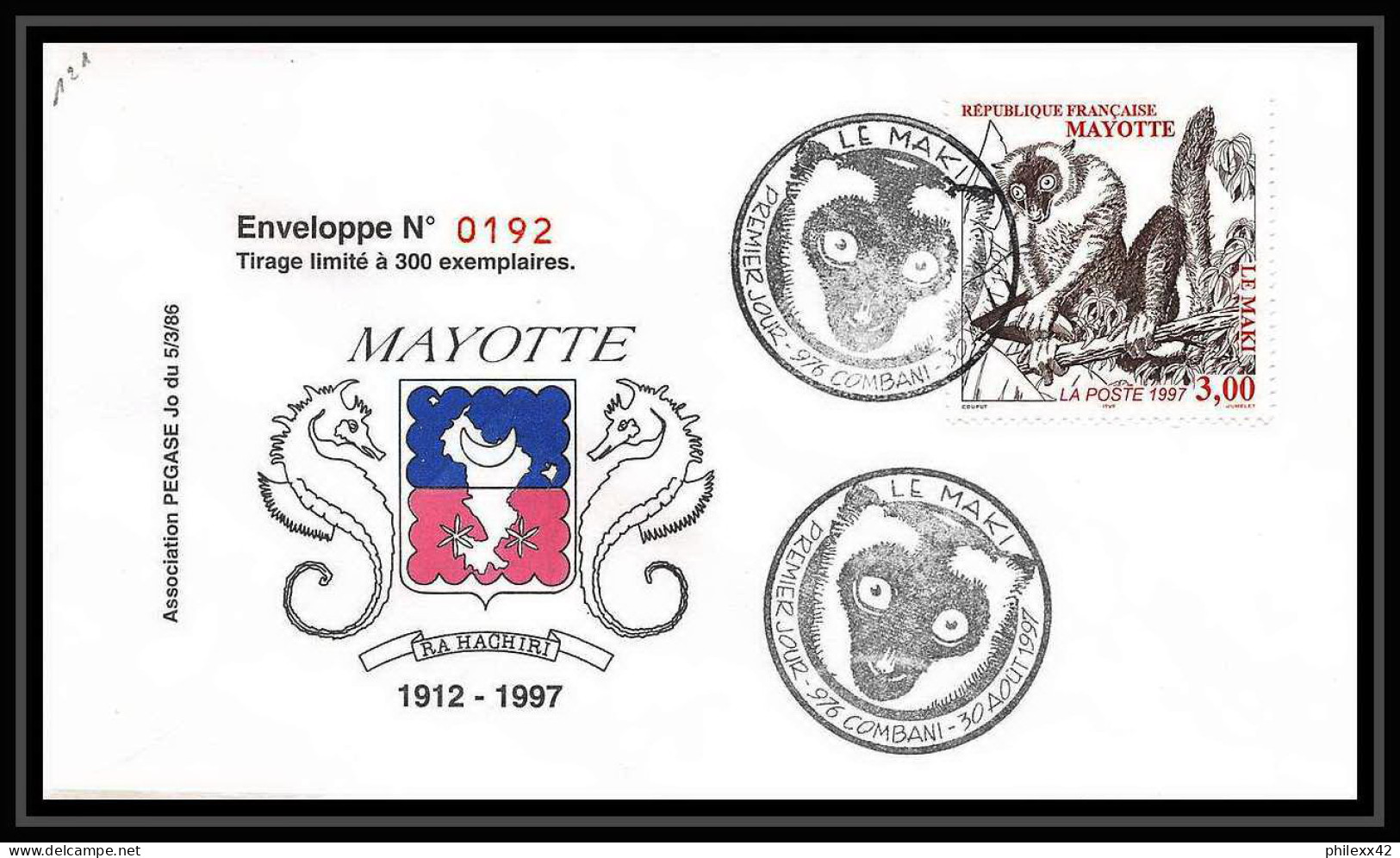 5203/ Pegase Tirage Numerote 192/300 Y&t 46 Maki Mayotte 1997 Fdc Premier Jour Lettre Cover - Covers & Documents