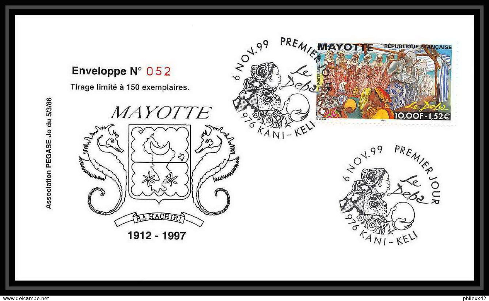 5213/ Pegase Tirage Numerote 52/300 Y&t Pa N 4 Le Deba Mayotte 1999 Fdc Premier Jour Lettre Cover - Lettres & Documents