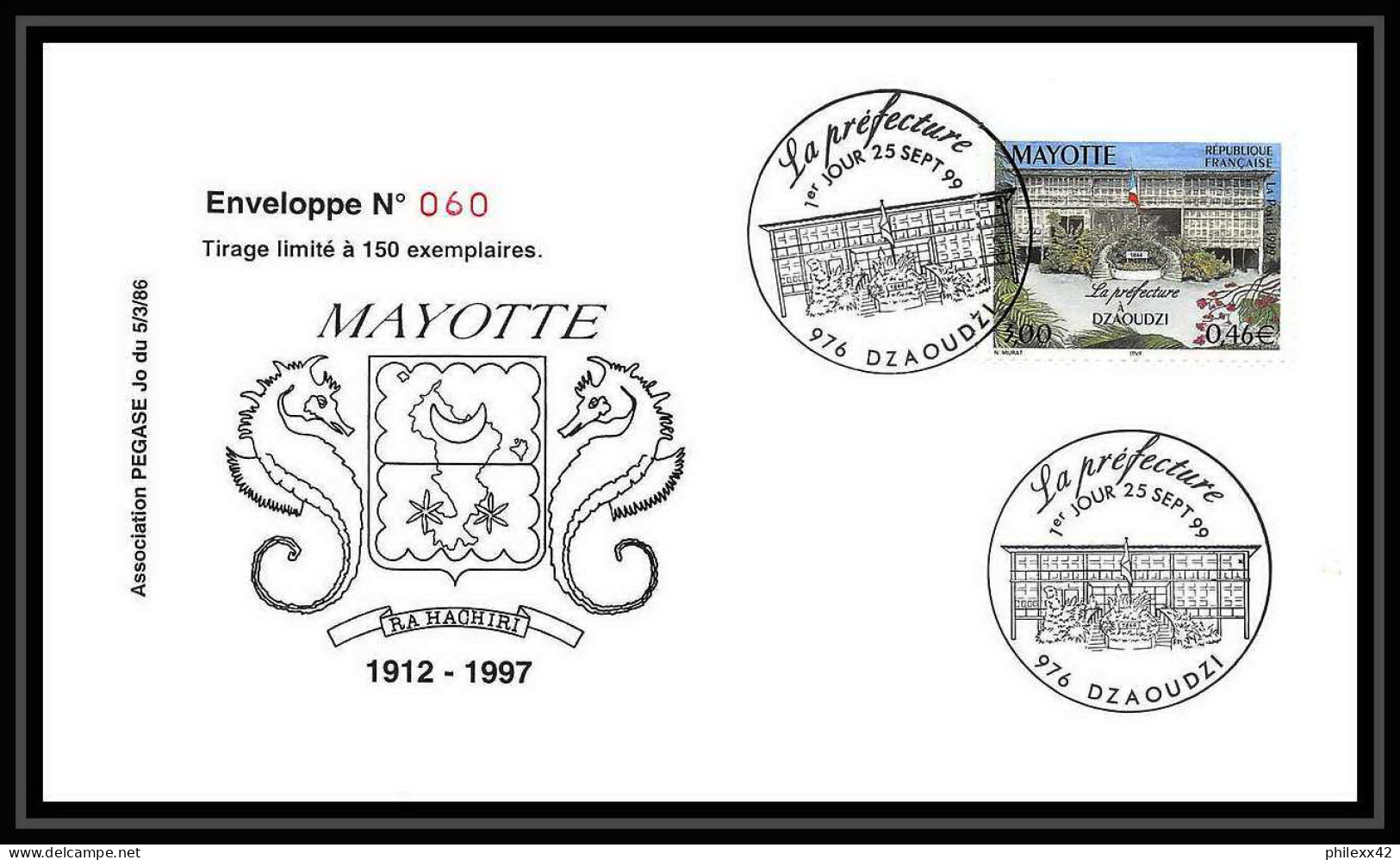 5214/ Pegase Tirage Numerote 60/300 Y&t 76a Prefecture De Dzoudzi Mayotte 1999 Fdc Premier Jour Lettre Cover - Briefe U. Dokumente