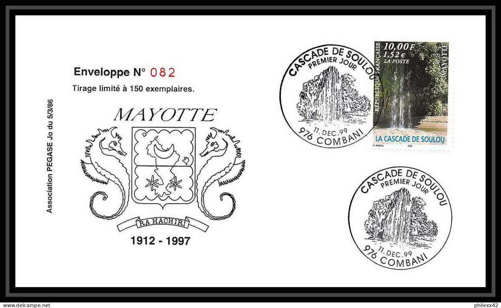 5215/ Pegase Tirage Numerote 82/300 Y&t 79 Cascade De Soulou Mayotte 1999 Fdc Premier Jour Lettre Cover - Lettres & Documents