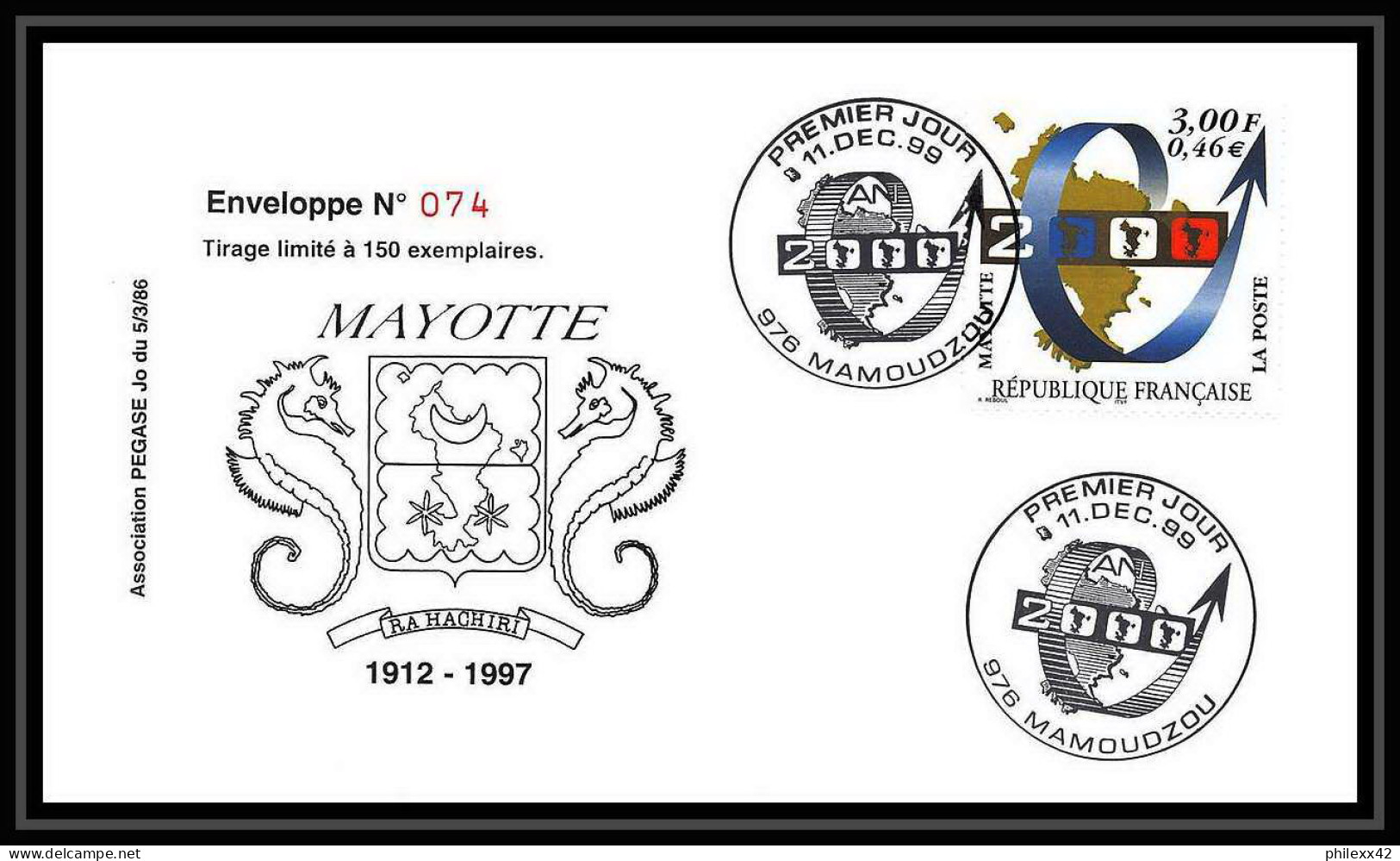 5216/ Pegase Tirage Numerote 74/300 Y&t 80 L'an 2000 Mayotte 1999 Fdc Premier Jour Lettre Cover - Covers & Documents