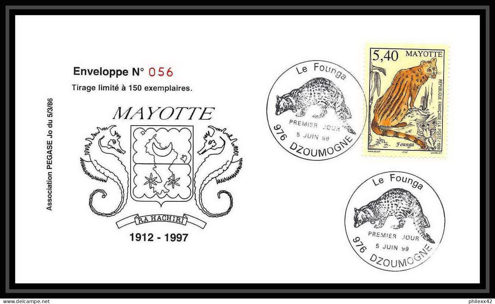 5218/ Pegase Tirage Numerote 56/300 Y&t 76 Founga Chat Cats Felin Mayotte 1999 Fdc Premier Jour Lettre Cover - Lettres & Documents