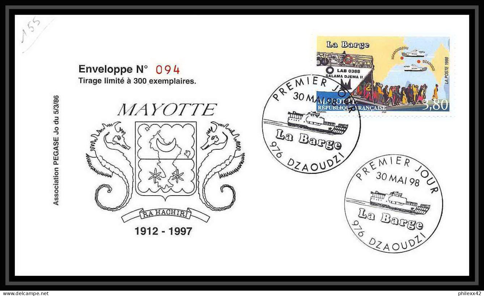 5222/ Pegase Tirage Numerote 56/300 Y&t 56 La Barge Beatau Ship Boat Mayotte 1998 Fdc Premier Jour Lettre Cover - Storia Postale
