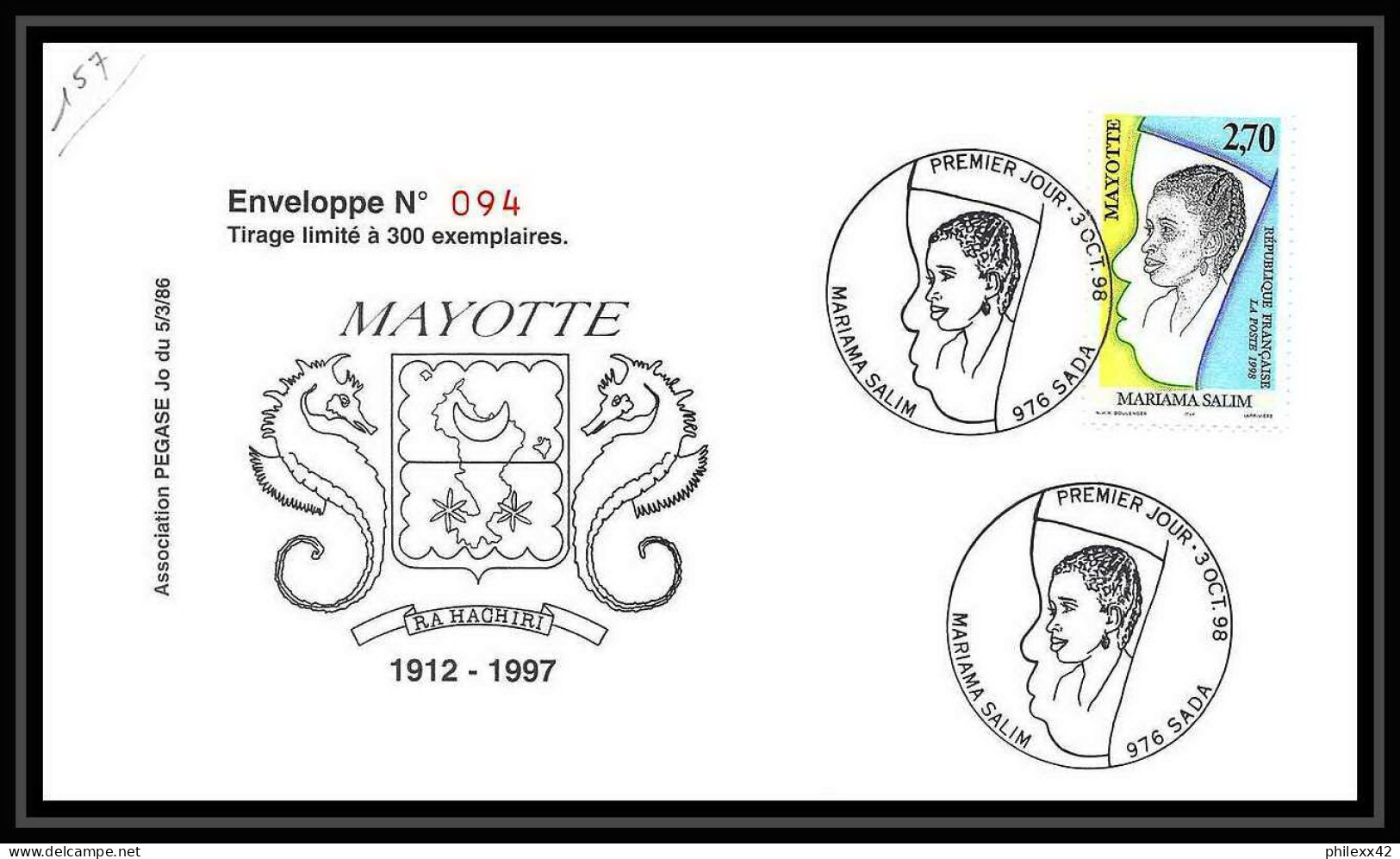 5224/ Pegase Tirage Numerote 56/300 Y&t 58 Mariama Salim Mayotte 1998 Fdc Premier Jour Lettre Cover - Briefe U. Dokumente